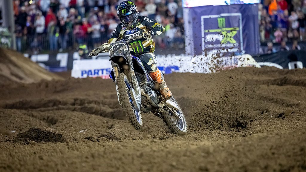 Haiden Deegan racing the number 38 Monster Energy Yamaha Star Racing YZ450F during the 2026 SuperMotocross championship.