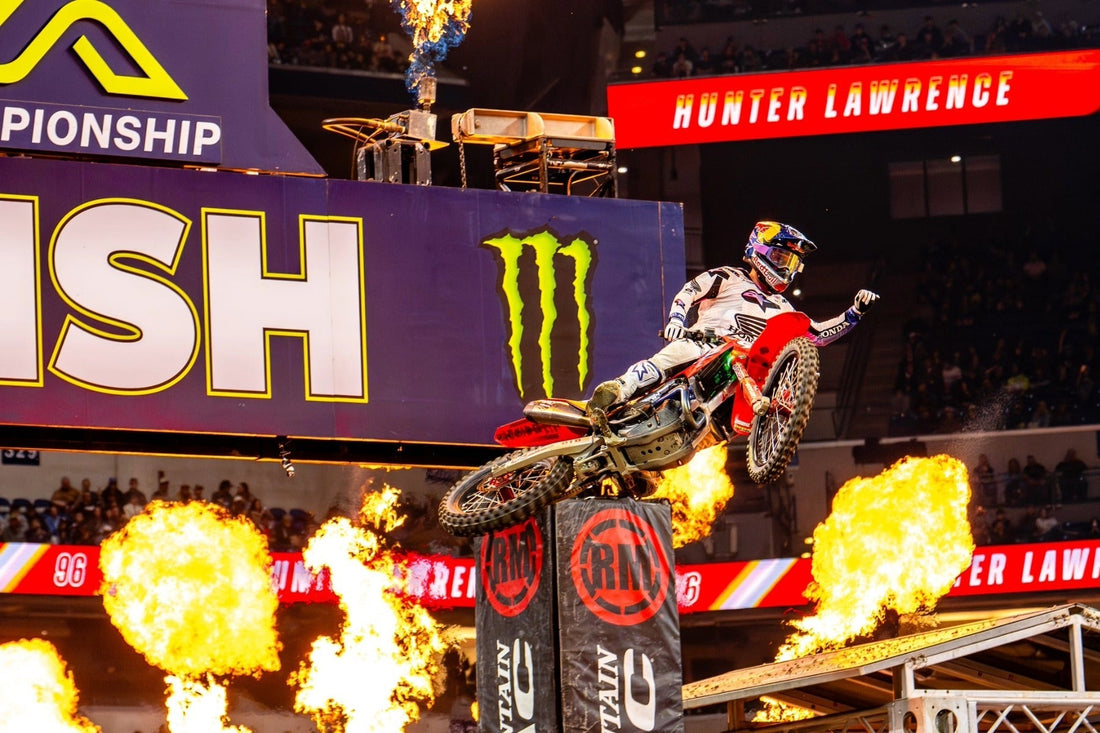 Hunter Lawrence winning the Indianapolis Supercross race at Lucas Oil Stadium