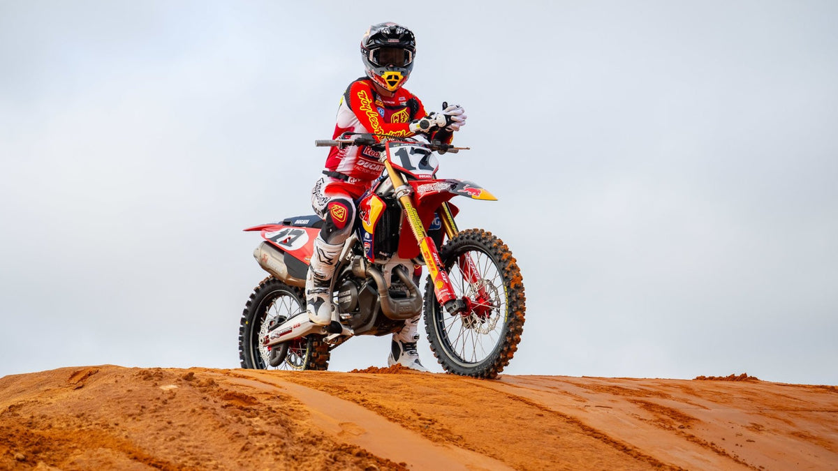 Joey Savatgy with his Troy Lee Designs Red Bull Ducati Desmo450 following his signing for the 2027 season.