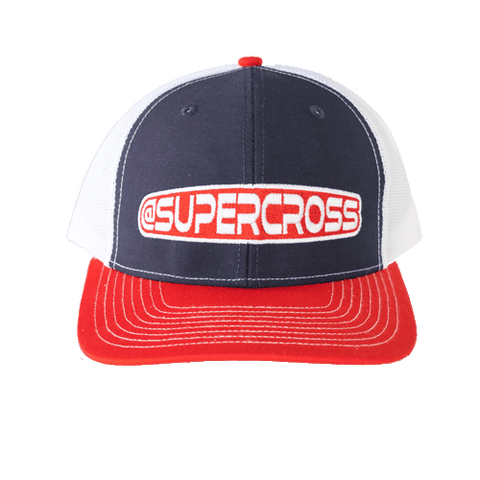 Supercross Snapback Hat | Navy Blue Panel Red Brand White Back